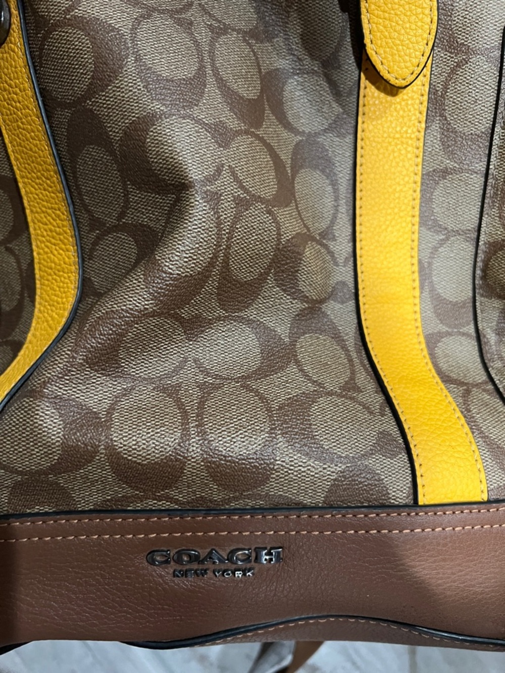 Coach Brown Signature Canvas Backpack with Yellow Leather Straps - Picture 2 of 10